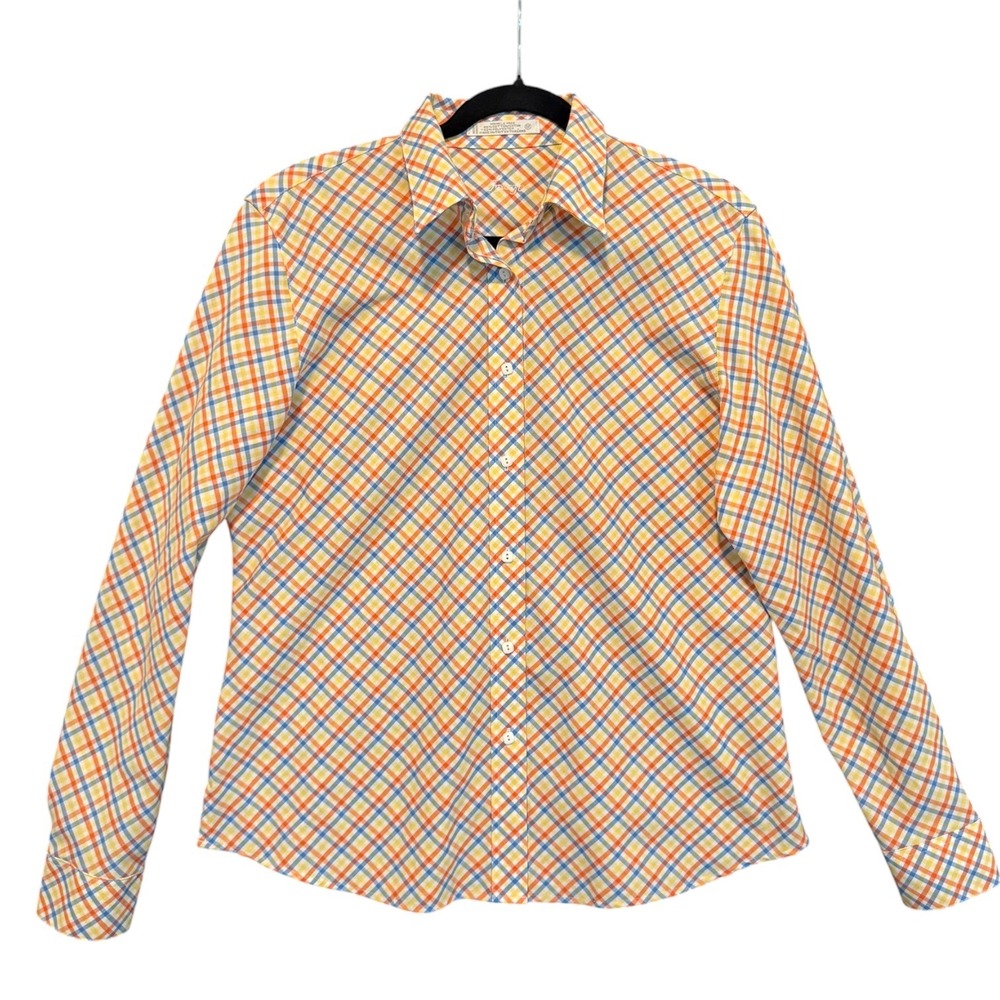 Foxcroft Womens Wrinkle Free Plaid Button Down Shirt Orange Blue Yellow‎ Size 12